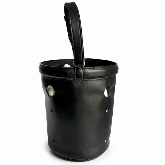Hermes Mangeoire Bag Tote Black Box Calf Leather Feed Bucket Bag Vintage 60s - Picture 6 of 14